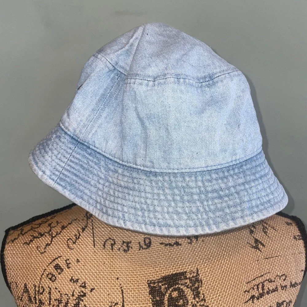 Handmade Denim Embroidered‎ Upcycled Rose Patched Unique Bucket Hat Blue L/XL